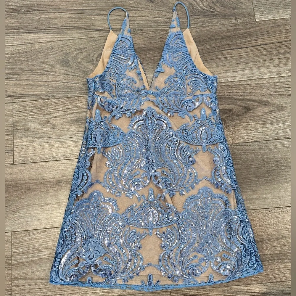 NWOT Free People Night Shimmer Mini Blue Sequin Cocktail Dress Size 0 - Picture 7 of 12
